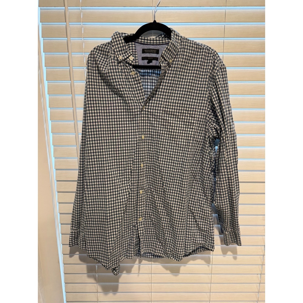 Banana Republic Mens XXL Slim Fit Custom 078 Wash Shirt Navy Gingham Button Down